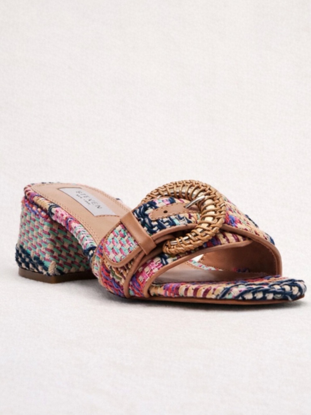 STEVEN NEW YORK RAFFIA BUCKLE SQUARE TOE BLOCK HEEL SANDAL SIZE 7